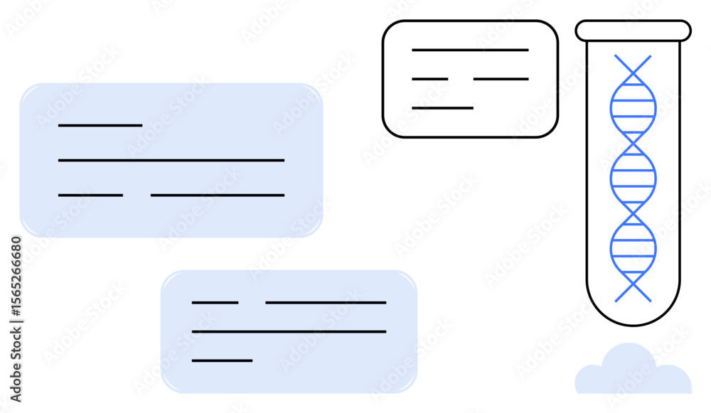 Poster dna double helix in test tube alongside text boxes symbolizing analysis, information sharing. ideal 