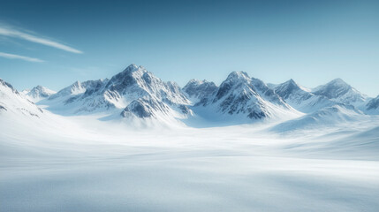Fototapeta premium a serene snow-capped mountain range beneath a clear sky, with shadows adding depth to the icy terrain
