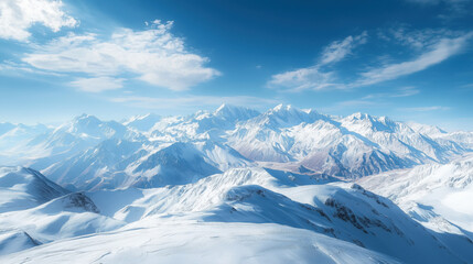 a serene snow-capped mountain range beneath a clear sky, with shadows adding depth to the icy terrain