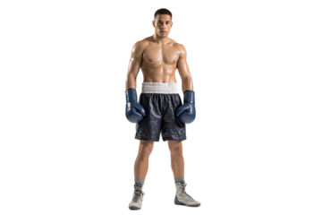 Muscular boxer in boxing gloves, ready to fight.