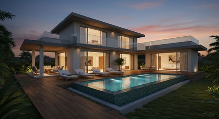 Fototapeta premium Modern Tropical Villa Twilight Poolside View