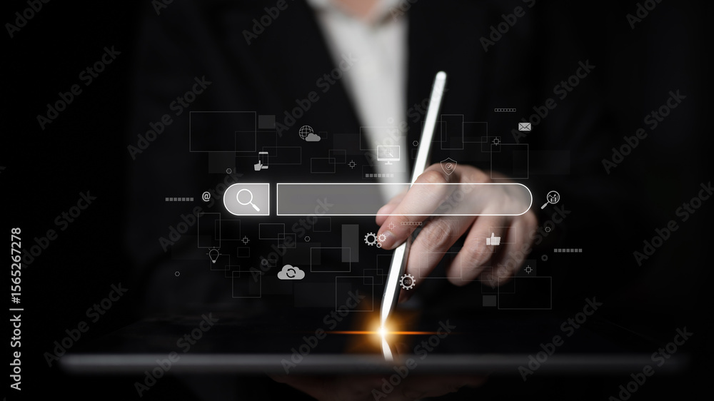Poster search engine interface for accessing digital information and online data. search engine finds data,