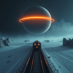 Mysterious Alien World: Train Journey Under Giant Striped Planet