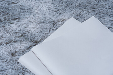 Two newspaper mockups with blank folded paper lying on a fluffy gray carpet. Layout for showcasing...