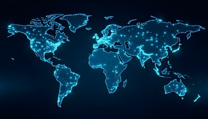 World map made of glowing circuits and nodes, representing worldwide technology infrastructure, sleek dark background.
