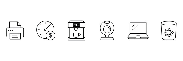 Office essentials and productivity tools icon set with coffee machine printer laptop webcam time money trash for workspace vector.