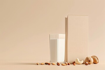 Ultra Quality Image of Front View of Milk Carton with Glass and Nuts