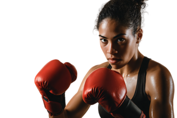 Female boxer in fighting stance, ready to compete.