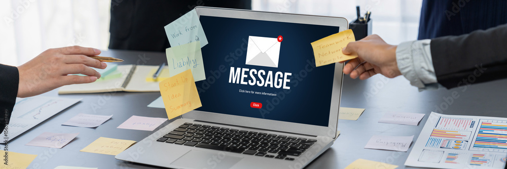Poster email notification message showing on computer screen brisk. digital marketing message information t