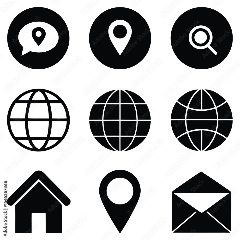 Poster flat black icons in grid layout for website app navigation home location globe email phone.