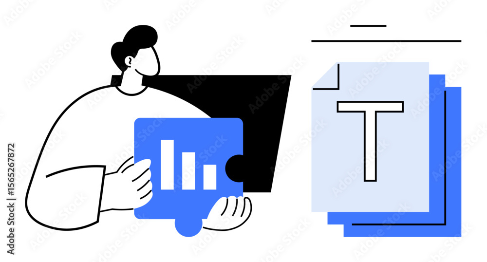 Poster person holding data puzzle piece next to stacked text documents and digital content. ideal for analy