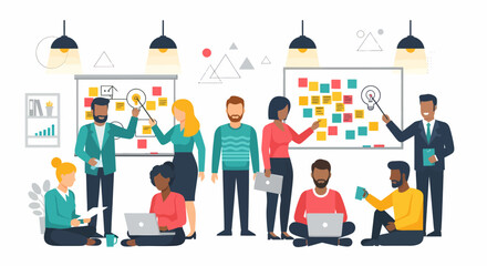 Diverse team collaborating on a whiteboard with sticky notes and lightbulb diagram.