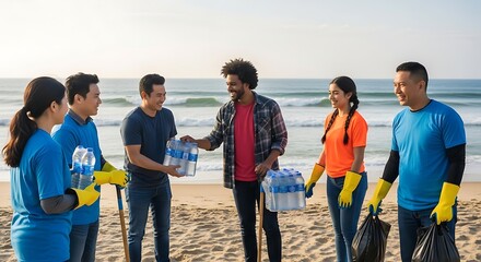 Diverse people participating in coastal cleanup