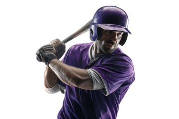 Baseball player batting, dynamic pose, purple uniform.