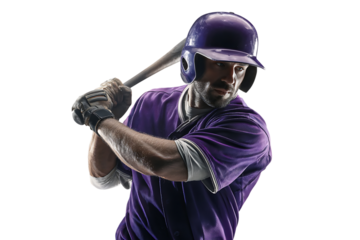 Baseball player batting, dynamic pose, purple uniform.
