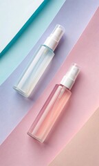 Pair of face mist bottles in pastel tones lying flat on a gradient abstract backdrop.