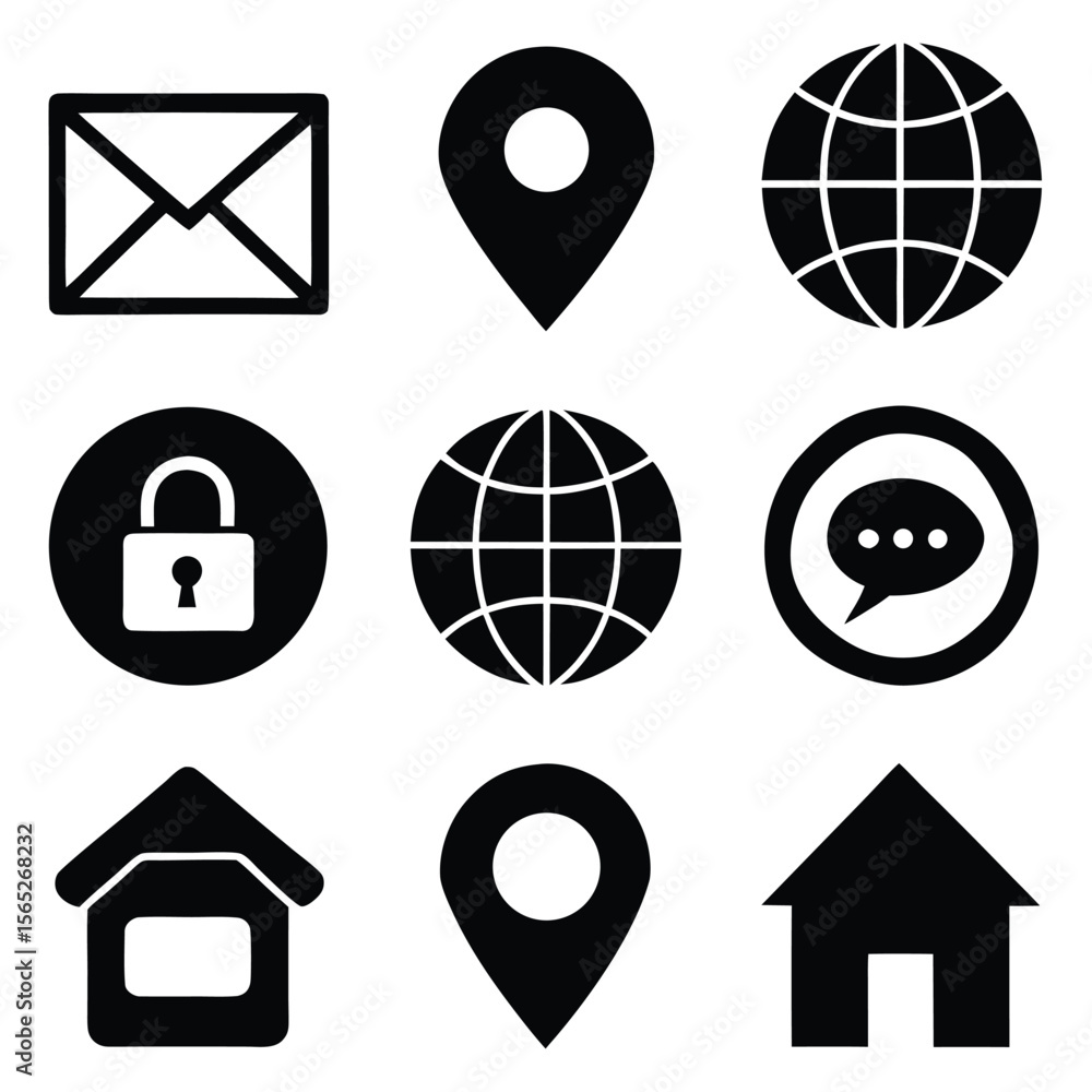 Aufkleber flat black icons set for website and app navigation home location globe email phone.