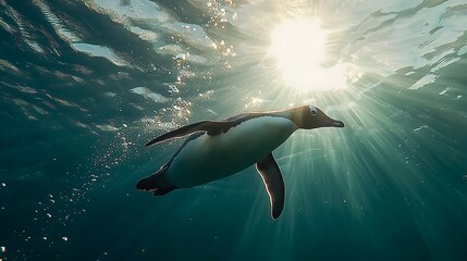 Penguin underwater swimming sunlight