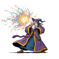 Old Wizard Casting Fireball Spell Vector Illustration