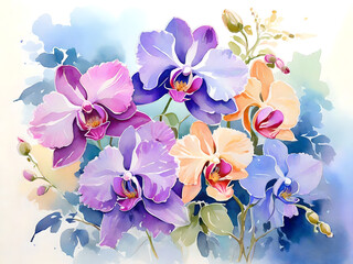 watercolour orchid flowers on blue background