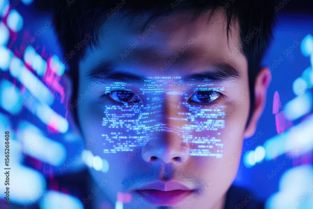Aufkleber a young man's face is overlaid with lines of computer code, symbolizing digital immersion and techno