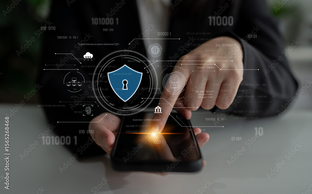 Poster cyber security interface with biometric and ai-powered protection system. cyber security secures acc