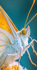 Macro shot of a white butterfly displaying vibrant yellow and orange wings in detail