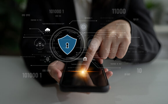 Cyber security interface with biometric and AI-powered protection system. Cyber security secures access, cybersecurity protects identity, cybersecurity detects threats, and defends data. Latch