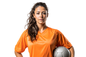 Female soccer player in orange jersey holding a ball