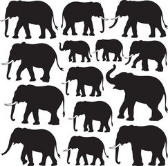 Fototapeta premium silhouette, elephant, animal, vector, animals, wild, illustration, collection, horse, wildlife, tiger, giraffe, black, set, zoo, mammal, dog, safari, lion, nature, bear, icon, design, farm, cat