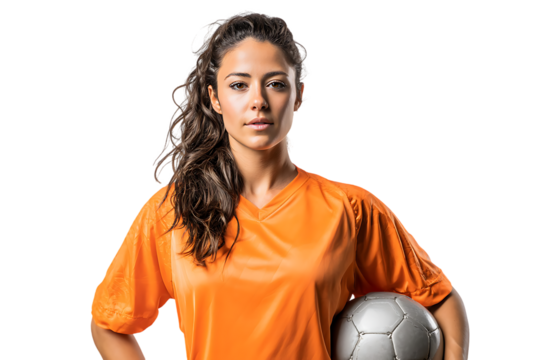 Female soccer player in orange jersey holding a ball