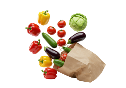 Vibrant raw vegetables (red/yellow bell peppers, tomatoes, zucchini, eggplant, savoy cabbage) spilling dynamically from a natural brown paper bag, suspended mid-air on a transparent studio