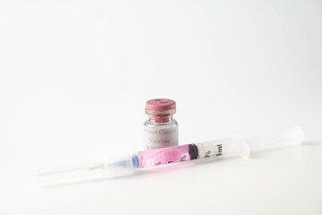Breast cancer vaccine mock-up, pink vial.  Women's health, research, awareness.