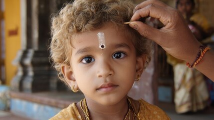 Close-up of a child with one on his forehead, an elderly man in bright orange clothes communicates with a boy in traditional jewelry, creating a touching scene filled with warmth and cultural signific