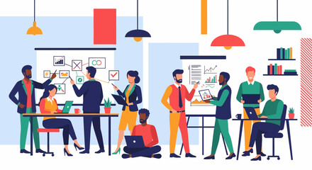 Diverse team collaborating on project strategy with charts and laptops in office.