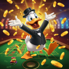 Duck in Top Hat Celebrating Gold Coin Win in Casino Vector Illustration