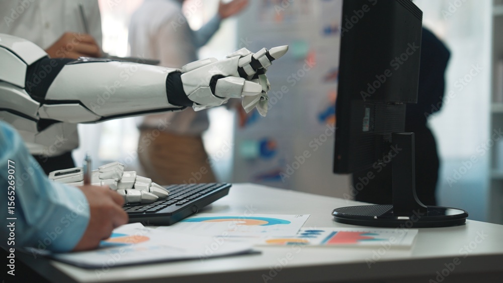 Poster a robotic hand pointing at a computer screen, showcasing business charts and data analysis in a mode