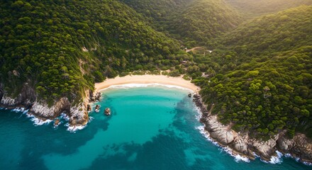 Obraz premium Aerial View of a Secluded Tropical Cove, Lush Forest, and Turquoise Water
