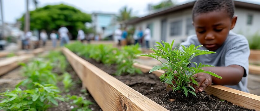 Child planting a seedling in a community garden