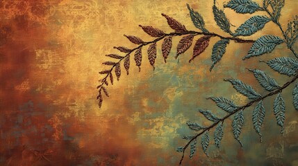 Embroidered fern leaves on a textured background.