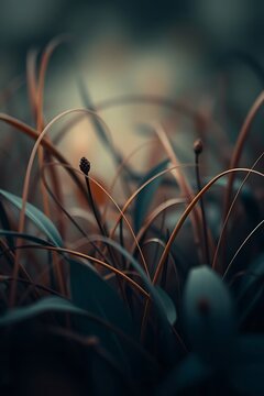 Moody close-up of wetland grasses with dark green and bronze hues