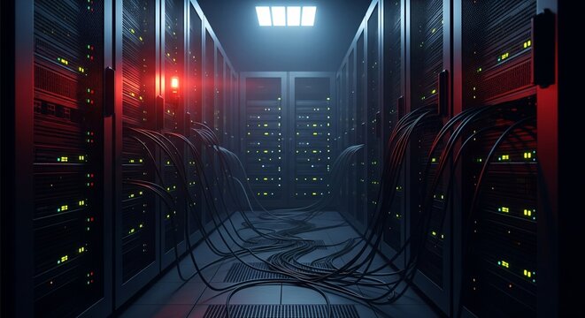 A data server room dimly lit with a single red warning light flashing — system under attack concept