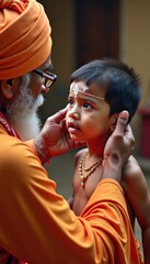 Close-up of a child with one on his forehead, an elderly man in bright orange clothes communicates with a boy in traditional jewelry, creating a touching scene filled with warmth and cultural signific