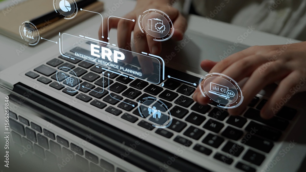 Poster erp platform visual showing centralized system for enterprise resource planning, improving integrati