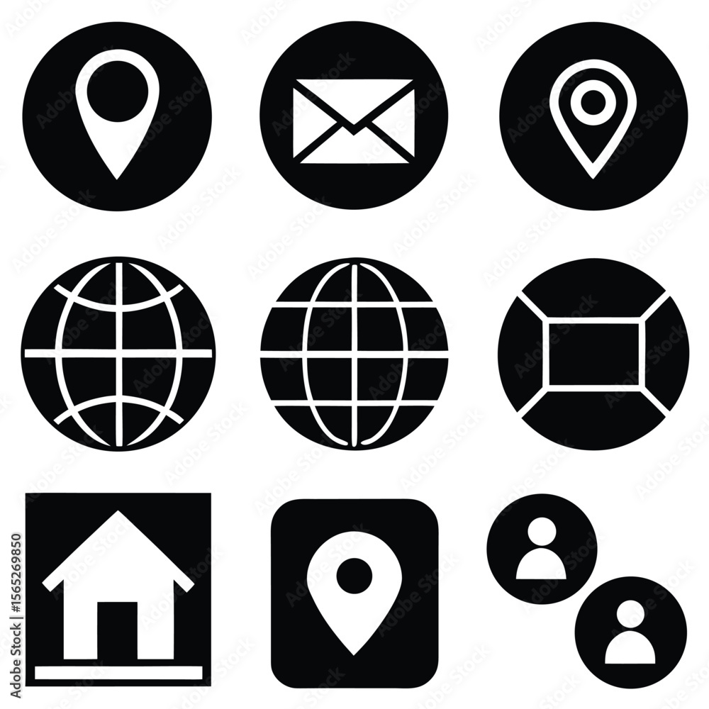 Poster flat icons in black for web app navigation home location globe email phone.