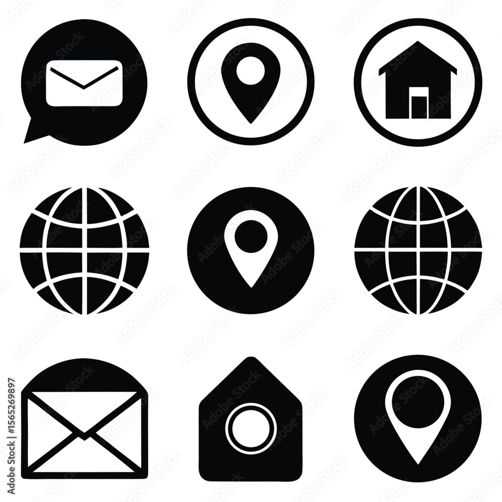 Poster grid of black icons for app or website navigation home location globe email phone.