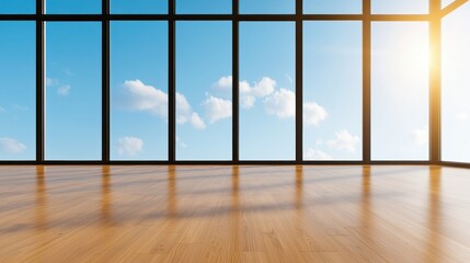 Fototapeta premium Bright and Spacious Interior Space with Large Windows Showcasing Clear Blue Skies and Natural Light Streaming In