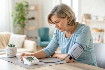 Senior woman checking her blood pressure at home using a digital monitor promoting health awareness and self care for a healthy lifestyle in her golden