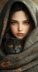 Photorealistic image of a woman and a cat relaxing together on a cozy blanket