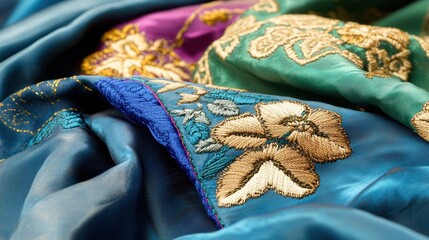 Close-up view of richly embroidered fabric.